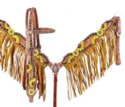 Painted Sunflower Browband Headstall & Fringe Breast Collar & Reins NEW