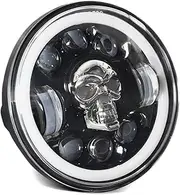 LAPOOH 1Pcs 5.75 inch Motorcycle LED Headlight Skull Pattern LED Headlight with High/Low Beam Turn Signal DRL and Colorful Angle Eye Light