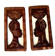 AFRICAN Man Woman Pair Wood Carved Plaque Hand Made 7" x 13 3/4" ea. Vintage New