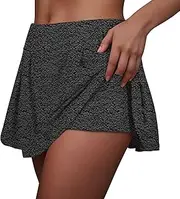 [Generic] Women Tennis Skirts with Pockets 2 in 1 Pleated Skirt with Shorts Flowy Athletic Golf Skirt High Waisted Gym Yoga Workout Skater Skirt Elastic Sports Skirt Summer Mini Skirt