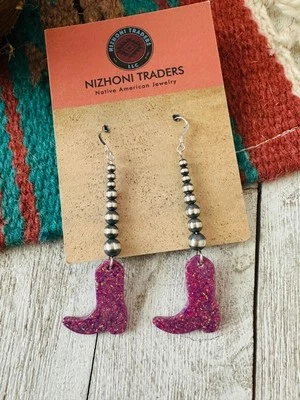 Navajo Sterling Silver Pearl Beaded Opal Cowboy Boot Dangle Earrings