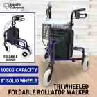 Folding Walker Rollator Tri Wheeled Mobility Aid Frame Indoor Outdoor Medical