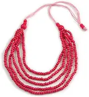 [Avalaya] Deep Pink Multistrand Layered Beaded Wood Bead with Cotton Cord Necklace - 90cm Max Length- Adjustable, cords Wood
