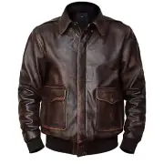 Men's Brown A2 Flight Pilot Vintage Air Force Aviator Cockpit Leather Jacket