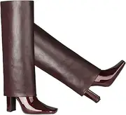 [LEHOOR] Women Chunky High Heel Boots Knee High Extra Wide Calf Square Toe 4" Block Heel Embroidered Western Boots Vintage Pull On Trouser Leg Covered Boots Tall Suede Winter Boot Chic Retro 4-12 M US