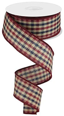 Primitive Gingham Check Wired Edge Ribbon, 10 Yards (Navy, Burgundy, Tan, 1.5...