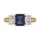 4.26ct Emerald RD 3 stone Blue Sapphire Promise Engagement Ring 14k Yellow Gold