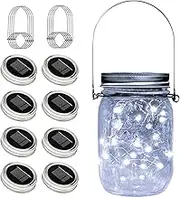 Yeuago 8 Pack Fairy Star Firefly Jar Lids Lights,Solar Fairy String Lids Lights（No Jars）,Waterproof Lantern Mason String Solar Lights with Hangers for Regular Mouth Jars Christmas Gifts(Cold White)