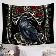 Dark Art Roses Human Skeleton and Crow Tapestry