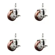 3 Inch 316SS Maroon Polyurethane Swivel 3/8 Inch Threaded Stem Caster Set Brake
