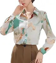[Generic] Fashion Long Sleeve Shirt for Women Print Turn Down Collar Chiffon Shirt Office Ladies Dress Blouses
