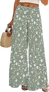 [EQQZD] Palazzo Pants for Women Flowy Wide Leg High Waisted Trousers Long Dressy Bottoms, Floral Print#02, Medium