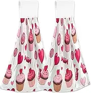 RPLIFE Handtowel with Hanging Loop, Soft Quick Dry Chefs Hand Towels, 18.2 x 14 Inch, Set of 2, Cupcakes Hearts Candy