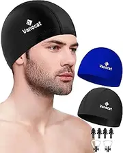 2 Pack Lycra Swim Caps for Women Men, High Elasticity Spandex Fabric Swimming Caps for Long/Short Hair, Comfortable Swim Hats with Ear Plugs & Nose Clip