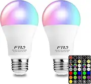 FTL A19 RGB Colour Changing Light Bulb with Remote Control, E27 A60 8W LED Bulb 60W Equivalent Dimmable Multicolour Light Bulb for Party Home Decoration Mood Lighting 2-Pack