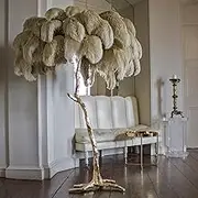 Feather Floor Lamp with LED Light, Dimmable Standing Lamp, Sheer Shade with Colourful Feathers, Foot Switch Control,Camel,60x55cm/24x22in (Desk lamp)