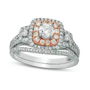 1.0 CT. T.W. Natural Diamond Double Cushion Frame Bridal Engagement Ring Set in Solid 14K Two-Tone Gold