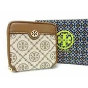 New Unused TORY BURCH Canvas x Leather Round Zipper Wallet Coin Purse Billfold