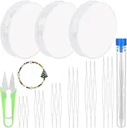 Glarks 22Pcs Elastic Strings and Seed Beading Needles Set, 3 Rolls 0.6/0.8/0.4MM Clear Stretchy Elastic String Cord Elastic Bracelets Strings Cord with 18Pcs Big Eye Beading Needles for Jewelry Making