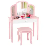 Giantex Kids Makeup Dressing Table Stool Set Folding Mirror Princess Vanity Writing Desk Birthday Gift w/Drawer Pink