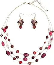 COIRIS 3 Layer Illusion Wire Statement Necklace for Women Blue Green Beaded (N0005) (N0005-wine)