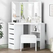 ALFORDSON Corner Dressing Table and Stool Chair Set White Color, Makeup Vanity Desk with Tri-fold Mirror, Mutiple Shelves & Side Cabinet, Dresser Organiser for Women Bedroom Dress Room