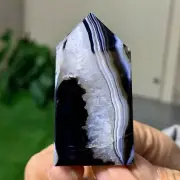 40G Natural black blossom stripe agate Obelisk Quartz Crystal Tower Healing