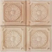 KOSDFOGE Wood Carving Applique Unpainted Decal for Furniture Decoration 4pcs Square Wood Carved Embossed Applique for Cabinets, Windows, Doors Home Hotel Decor (4#)