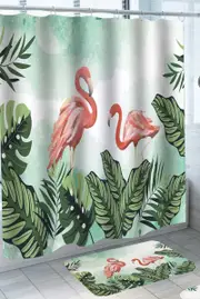 Painted Tropical Scene Flamingos behind Leaves Shower Curtain