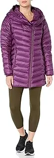 [Spyder] Women's Timeless Long Down Jacket - Paneled Puffy Lightweight Hooded Full Zip, X-Small, Raisin
