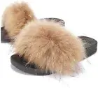 Liliana Nomi-17 Tan Luxury Real Raccon Fur Slippers Slides Flat Soles Mule (8.5)