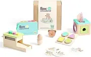 Montessori Toy for Babies 9-12 Months, 7-in-1 Wooden Playful Learning Toys with Egg Cup, Castanets, Magic Tissue Box, Textured Shape Puzzle, Cylinder Drop Box and More