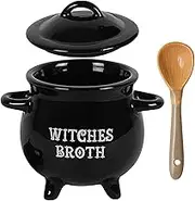 Witch Soup Bowl, Witches Cauldron, Witches Broth Soup Bowl, Halloween Ceramic Stew Crock with Spoon, Serving Broth Bowl, Black Cauldron for Family Gatherings, Halloween Parties, Costume Parties