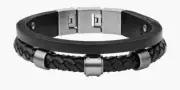 Fossil Mens Bracelet Black Leather One Size Fit Logo Designer Silver Tone 9.5"