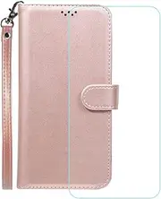 LCEHTOGYE Cover for Nokia C32 + HD Tempered Glass,Shell PU BracketBumper Protective Back Case - Anti-Scratch Screen Protector for Nokia C32-YSFP - RGold