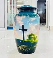 Northern Light Aurora Borealis Decorative Cremation Urn for Adult Human Ashes, Memorial Keepsake for Mom and Dad (Bule Cross uens, 10 inch, Floral)