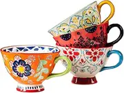 [Bicuzat] Hand-Painted Floral Pattern Large Capacity Ceramic Coffee Mug Jumbo Mug Tea Milk Cereal Mug Breakfast Cup for Home Kitchen 14oz, Set of 4