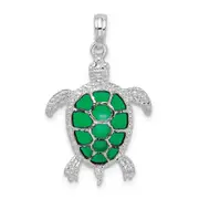 Sterling Silver De-Ani Rhodium-Plated Polished Enameled Green Sea Turtle Pendant
