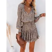 Women's Floral Leopard Ruched Ruffle V Neck Mini Dress Daily Vacation Long Sleeve Summer Spring