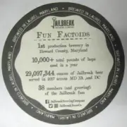 JAILBREAK BREWING CO., FUN FACTOIDS FAQ Beer COASTER, Mat, Laurel, MARYLAND 2018