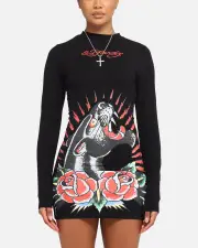 [ED HARDY] Ed Hardy Women's Panther Long Sleeve Dress Black - Size M M Black
