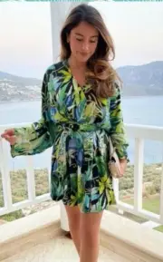 H&M Short Kaftan Tropical Birds Floral Print Belted New RUNS BIG