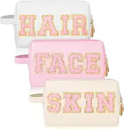 Sotiff 3 Pcs Preppy Patch Makeup Bag Hair Face Skin Cosmetic Bag Travel Toiletry Bag for Women Chenille Letters Patch Bag with Handle Waterproof Portable Preppy Purse Zipper Pouch for Girls
