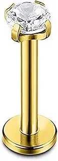 AIMALL 1pc Stainless Steel Zircon Labret Stud, Four-Claw Lip Nail, 6mm/8mm/10mm Length, 1.2mm Gauge, Black, Silver, Gold, Rose Gold Colours, Inner Thread Earring