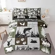 Feelyou Big Pike Fish Hunting 7 Piece Bedding Set Full Size for Boys Teens Kids Duck Deer Hunter and Fishing Themed Comforter Set with Sheets Plaids Rustic Camping Bed in a Bag Home Decor