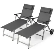 Costway 2PCS Folding Sun Lounge Recliner Adjustable Backrest Beach Reclining Chair Patio Garden w/Pillow&Rear Wheels Black