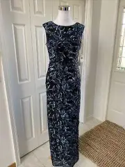 NWT Aidan Mattox Navy Art-Deco Floral Beaded I Gown 4 $330