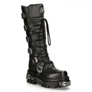 New Rock 272-S1 Black Boots Metallic Goth Knee High Zip Leather Buckle Boots