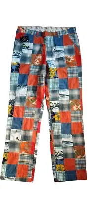 Loudmouth Golf Pants Mens Sz 34x32 Flat Front Blue Orange Patchwork Cotton NWT