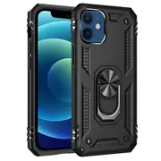 For Apple iPhone 12 Case, Military Grade 360 Degree Rotating Metal Magnetic Ring Car Mount Holder Kickstand Shockproof Heavy Duty Cover (Black)